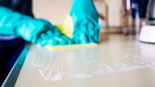 Staff member applying trained cleaning methods to an oven interior